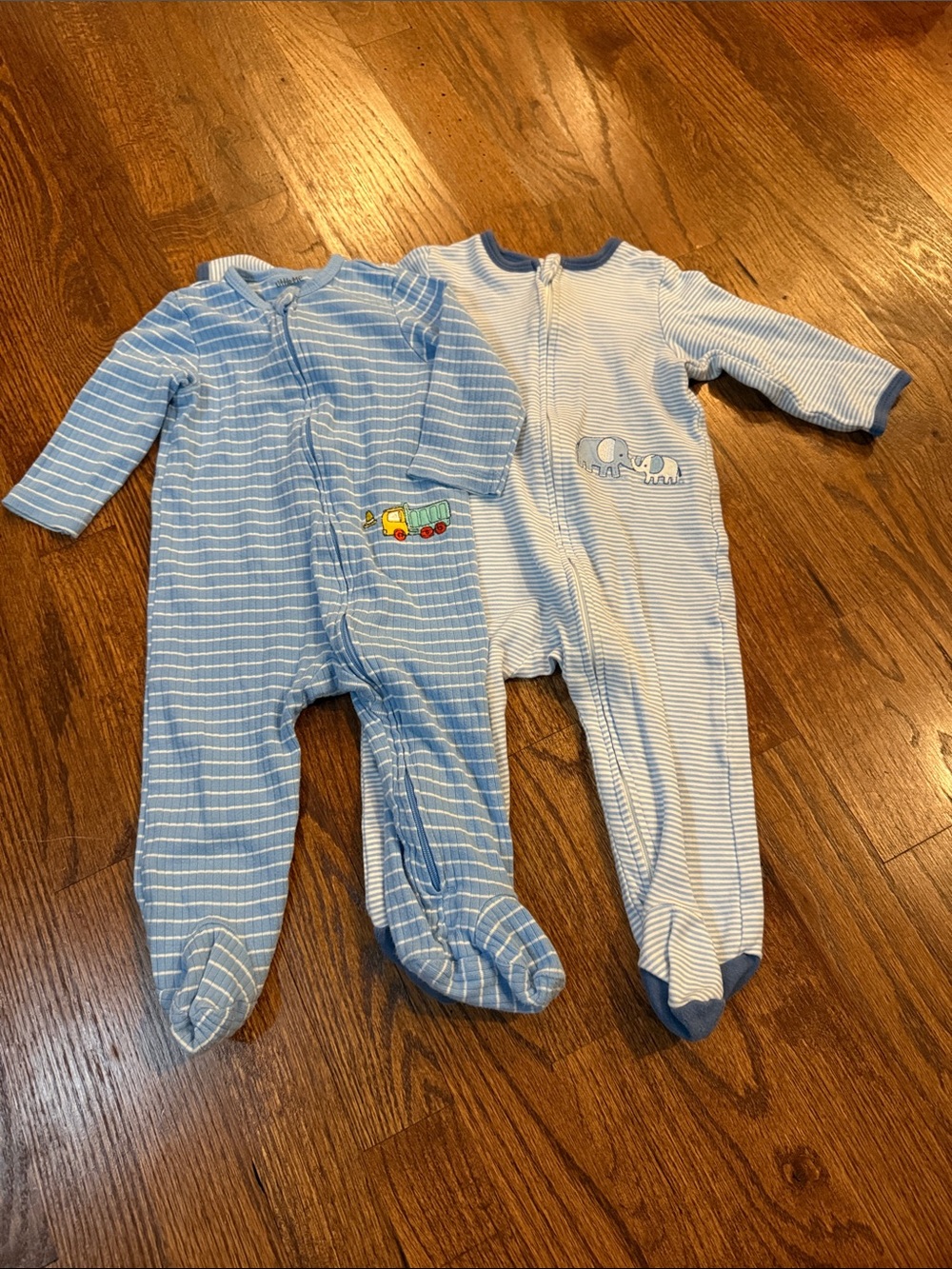 Little Me Blue Striped Footed One-Piece Sleepers - Truck & Elephant Appliqués